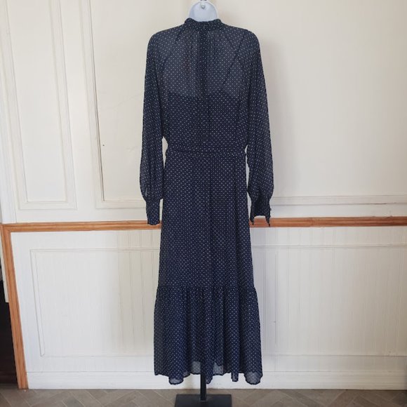 SOLD Michael Kors Womens Dress Large Polka Dot Georgette Tie-Neck Navy Poet Slv - Picture 6 of 12